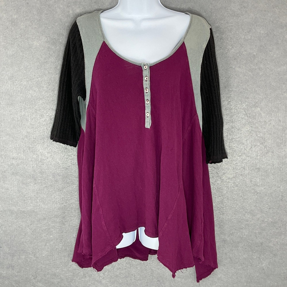 We The Free Tunic Top Button Henley Raw Hem 3/4 Sleeve Colorblock Flowy Sz XS‎